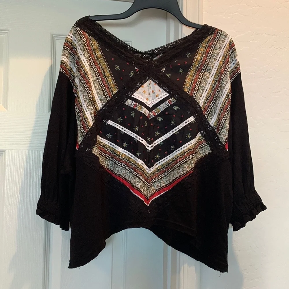Free People Boho Prairie Days Printed Lace-Trim Linen Blend Blouse size small